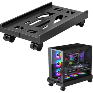 Adjustable Mobile CPU Stand with 4 Caster Wheels, Ventilated Tower Stand Fits Most PCs, Under Desk CPU Holder PC Floor Cart Riser for Gamers and Students, Black