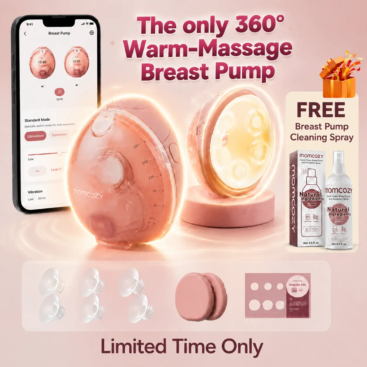 Momcozy Wellness 1 Wearable Breast Pump, Warm-Massage Hands-Free Pump with Heated Flange&Simulated Massage for Comfortable Breastfeeding&Let-Down, App-Controlled, 4 Modes 12 Levels, 180ml/6oz