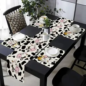 Farmhouse Style Table Runner Set, Cow Print Design, Kitchen Dining Room Living Room Decor, 5/7 Pieces Desktop Decoration
