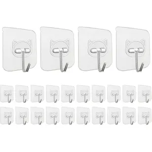 Heavy Duty Self Adhesive Hooks 24 Pack,33lb Max,304 Stainless Steel Wall Hooks Transparent,Waterproof Sticky Hangers for Keys,Bathroom, Shower, Outdoor, Kitchen,Door,Home Improvement,Utility