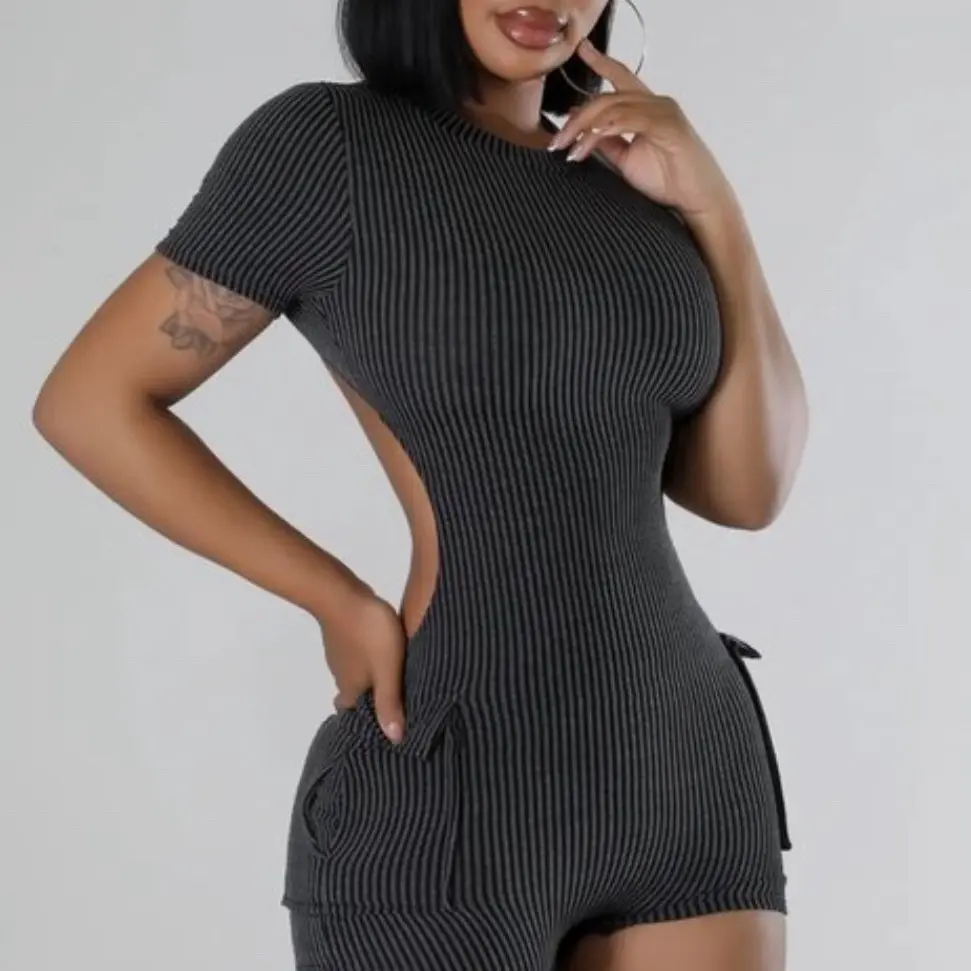 Women black shorts open back zip up Romper bodysuit Casual Comfortable