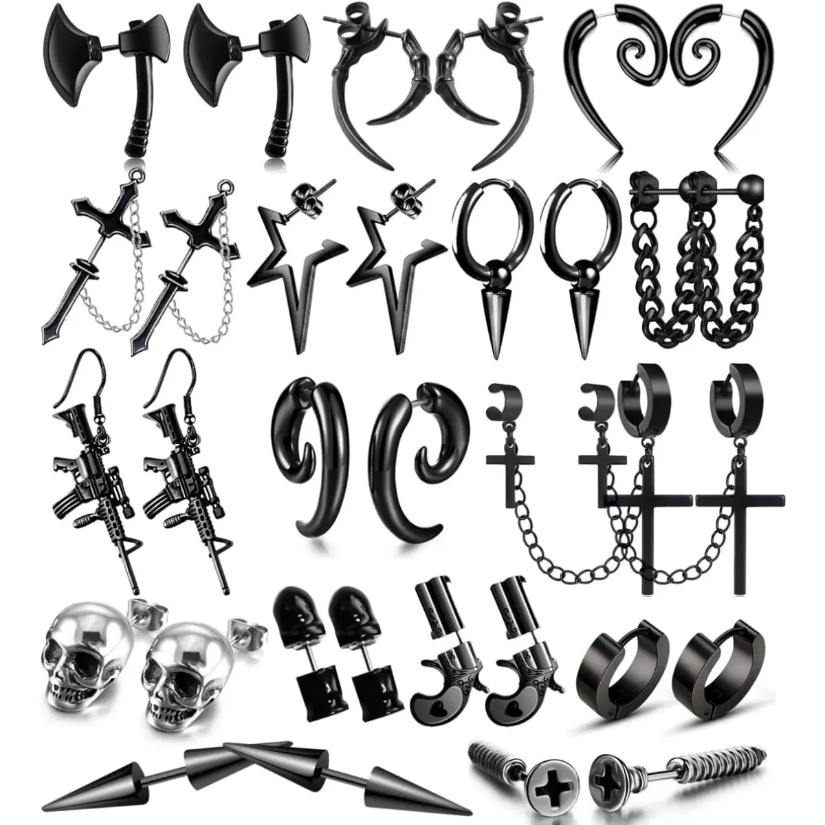 16 pairs of punk earrings, stainless steel Y2K Gothic black pendant earrings, suitable for birthday party gifts and daily wear