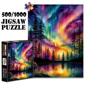 1pc 1000 piece adult puzzle 70x50cm Aurora Borealis over Forest and Lake Landscape 500 pieces paper jigsaw puzzle Shape Recognition Puzzles suitable for DIY creative games for adults and families, birthday and holiday stress