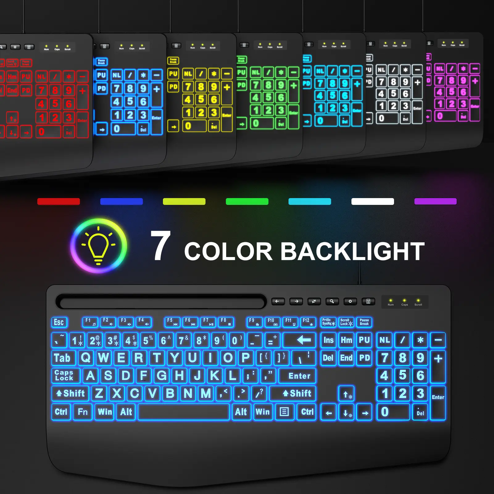 SABLUTE K21PRO Wired Backlit Large Print Keyboard with 7-Color Rgb Backlight Keycap, Phone Holder, Ergonomic Design for Easy Typing and Reduced Fatigue