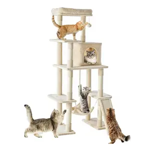 Large 63-inch Cat Tree Tower, Multi-Level Cat Climbing Tower with Condo, Natural Sisal Scratching Posts, Extended Platform, Hammock, Pet House for Indoor Cats and Kittens Play