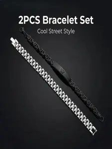 Men's 2-Piece Stackable Bracelet Set, Link Bracelet, Silver Color Strap & Crown Decor Chain, Stainless Steel, Waterproof, Hypoallergenic, Perfect Gift, Stacking Bracelet