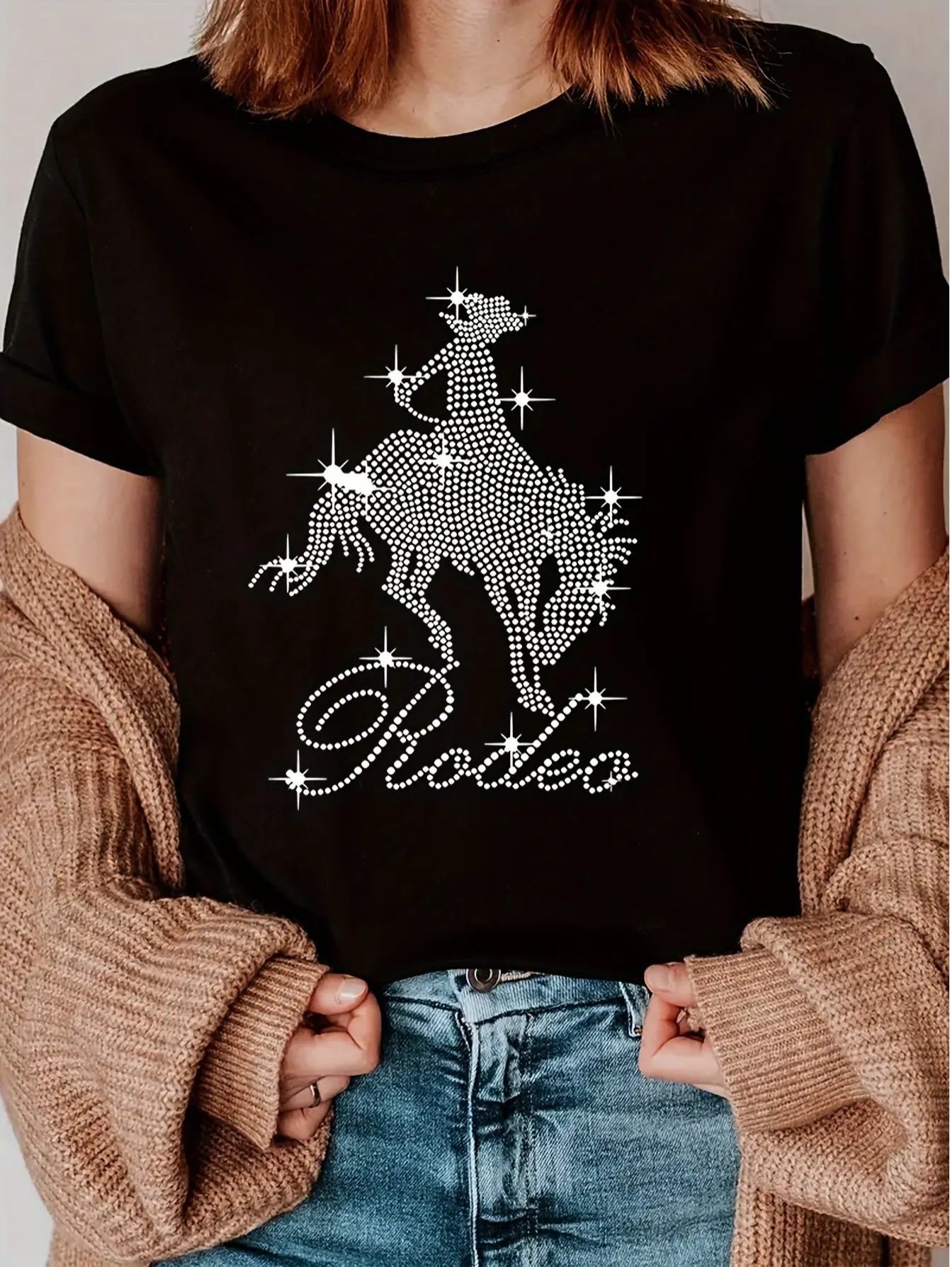 Women's Western Rhinestone Cowboy T-Shirt - Black Casual Short Sleeve Round Neck Top with "Rodeo" Graphic & Sparkling Cowboy Design, Soft Polyester Knit Fabric, Perfect for Spring/Summer, Everyday Fashion | Rodeo Graphic Tee | Soft Fabric Tee