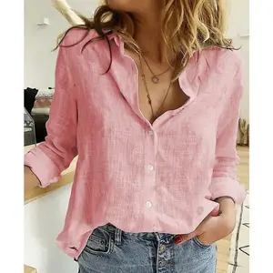 Solid Color Casual Loose Long Sleeve Linen Shirt with Sleeves for Women Top Womenswear Blouse Comfort Basic Minimalist White