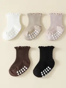 5 Pairs Spring Autumn Multi-Color Sweet Cute Baby Socks, Soft Comfy Socks, Anti-Slip Wooden Cuff Knee High Socks for Indoor Outdoor Daily Wear