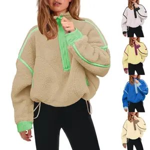 SCUSTY Women's Half Zip Sherpa Fleece Pullover Soft Oversized Sweatshirt Warm Fuzzy Sweater With Pockets Fluffy Teddy Fleece Collared Neckline Basic Comfy Fit