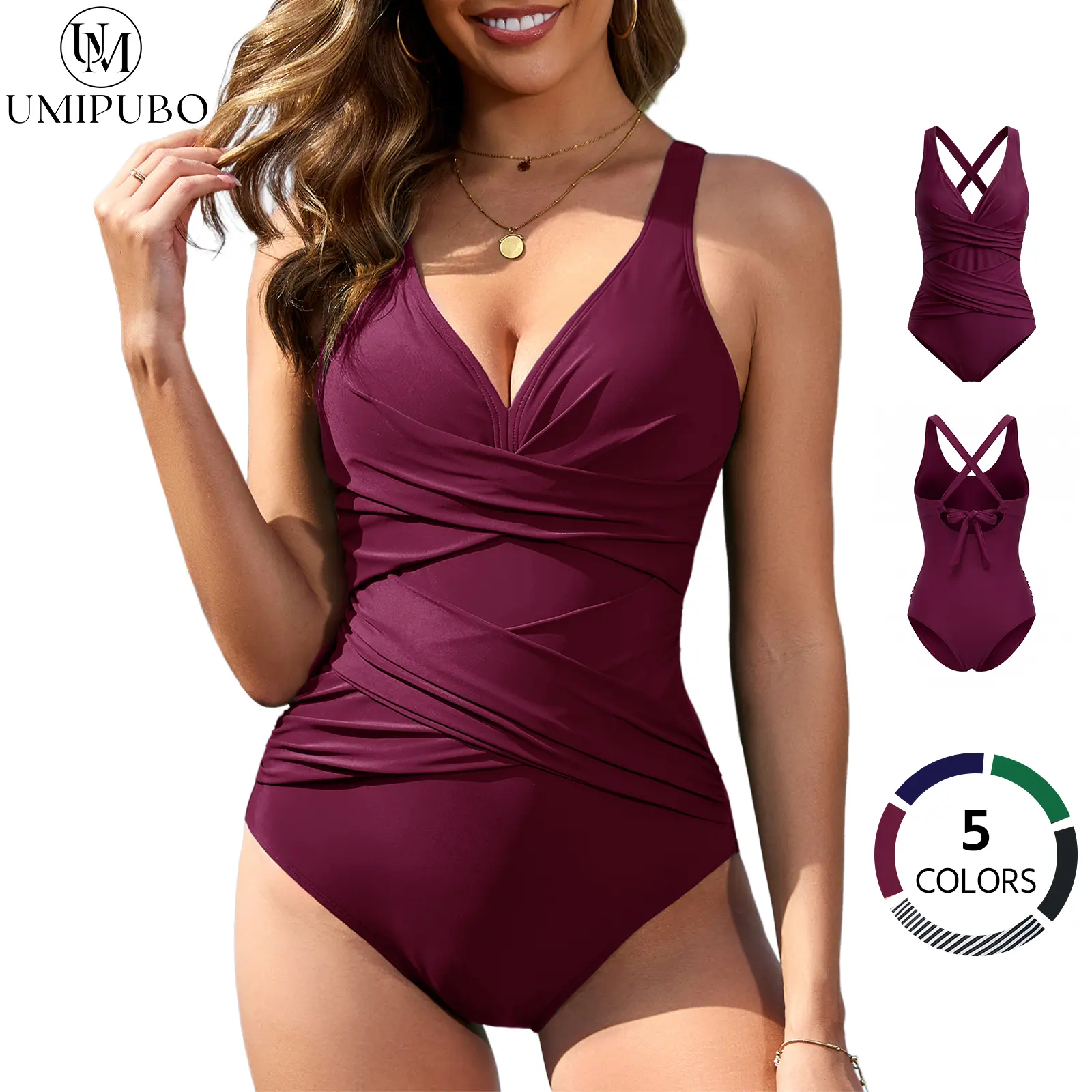【Clearance Sale】UMIPUBO Shop Womens Tummy Control Swimsuits One Piece Bathing Suit Front Cross Tie Back Slimming Ruched Push Up Padded Swimwear for Beachwear SwimWeek