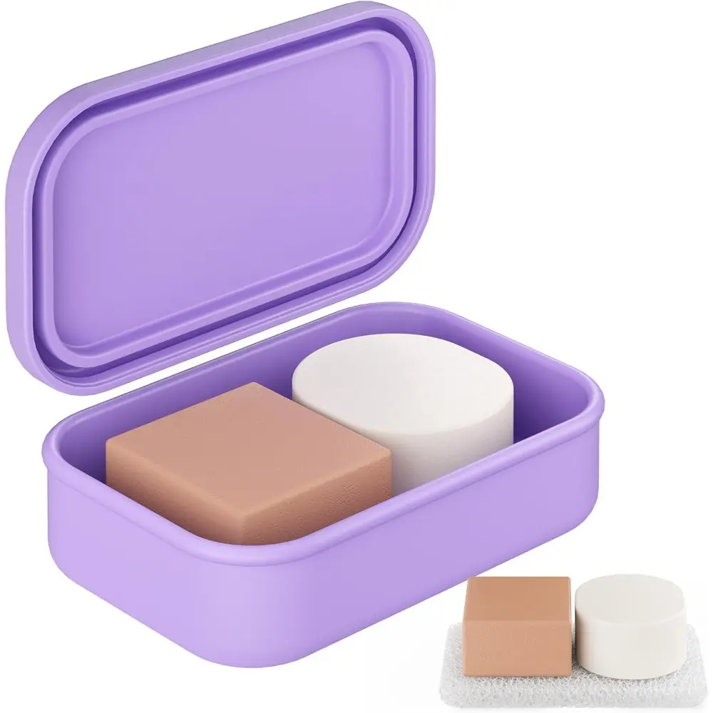 Solid Shampoo Bar Holder-Large Leakproof Travel Soap Case - Silicone Soap Box with Draining Layer - Enhanced Soap Container for Camping, Gym, Bathroom - Purple