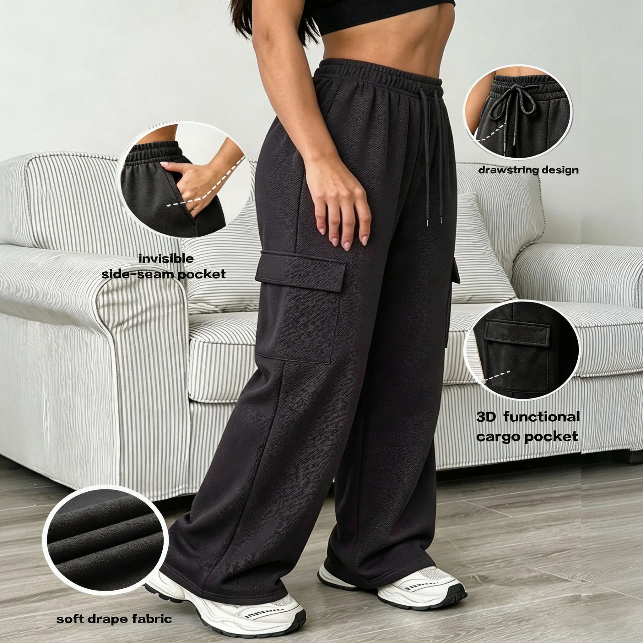 Women’s multifunctional pocket athletic pants – all-season fitness and running cargo casual pants with a drawstring waist, suitable for outdoor wear – women’s sportswear