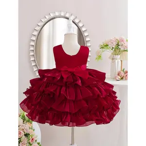 Girls' Sleeveless Tulle Tutu Princess Dress with Ruffled Hem & A-Line Skirt - Red & Golden Accent Party Bridesmaid Dress, Hand Washable, Round Neck, All-Season Formal & Casual Outfit, Princess Dresses Girls