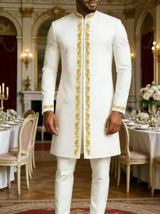 Men's Dashiki Set, Elegant Style, Formal Wear, Suits, Menswear, Long Sleeve, Stand Collar, Zipper, Split Hem, Embroidered Top, Elastic Waist Drawstring Pants