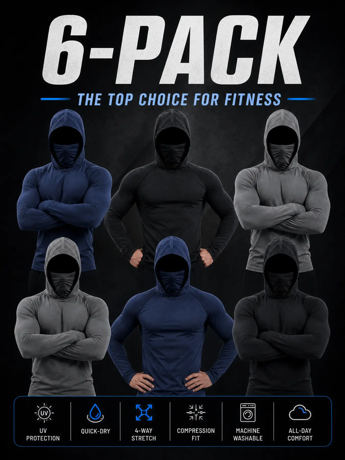 Mens Long Sleeve Raglan Compression Hoodie 6-Pack, Moisture Wicking Sports Tops for Gym & Outdoor Activities