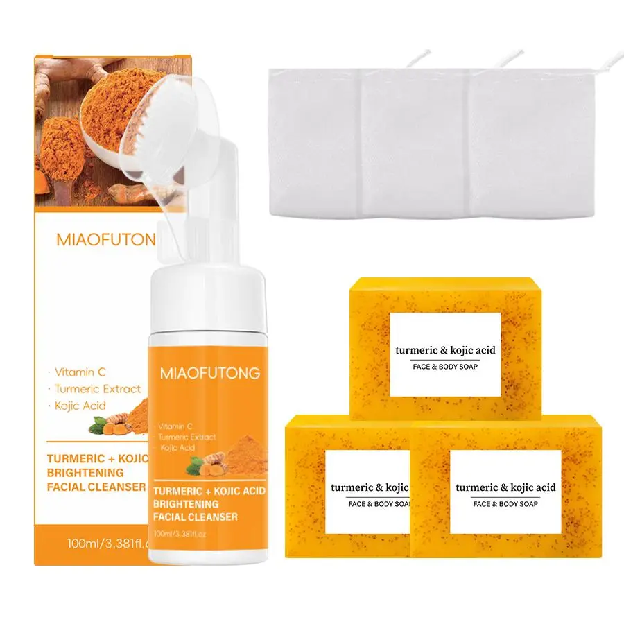 Turmeric Face Care Kit, 2 Foaming Cleansers + 3 Lemon Turmeric Bars, Refreshing Daily Cleansing Set for All Skin Types