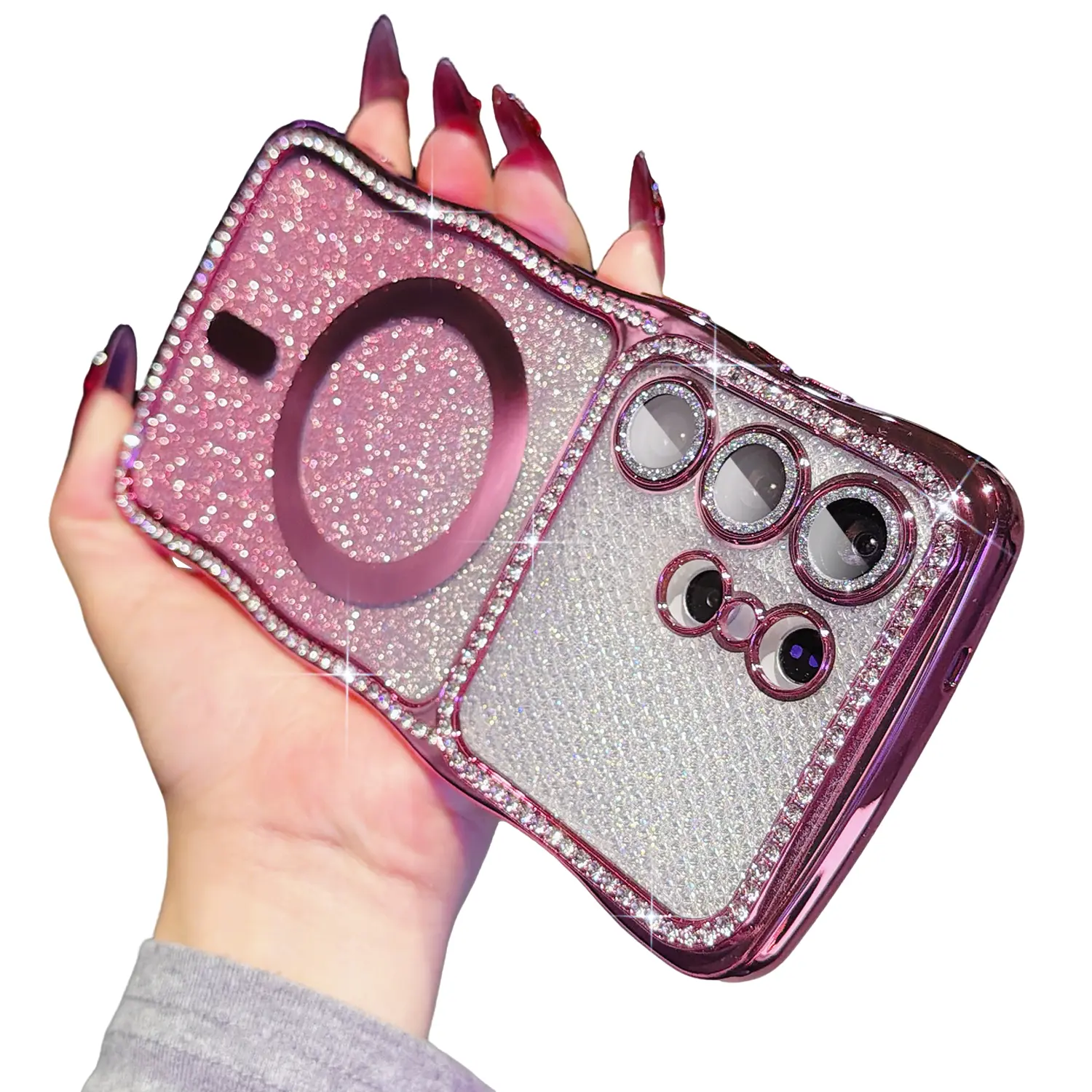 Magnetic Case for Samsung Galaxy S26 S25 S24 Ultra Plus [Compatible with MagSafe] Bling Rhinestone Wave Edge Sparkly Gradient Glitter Case with Camera Lens Protector Shockproof Protective Cover for Women Girls