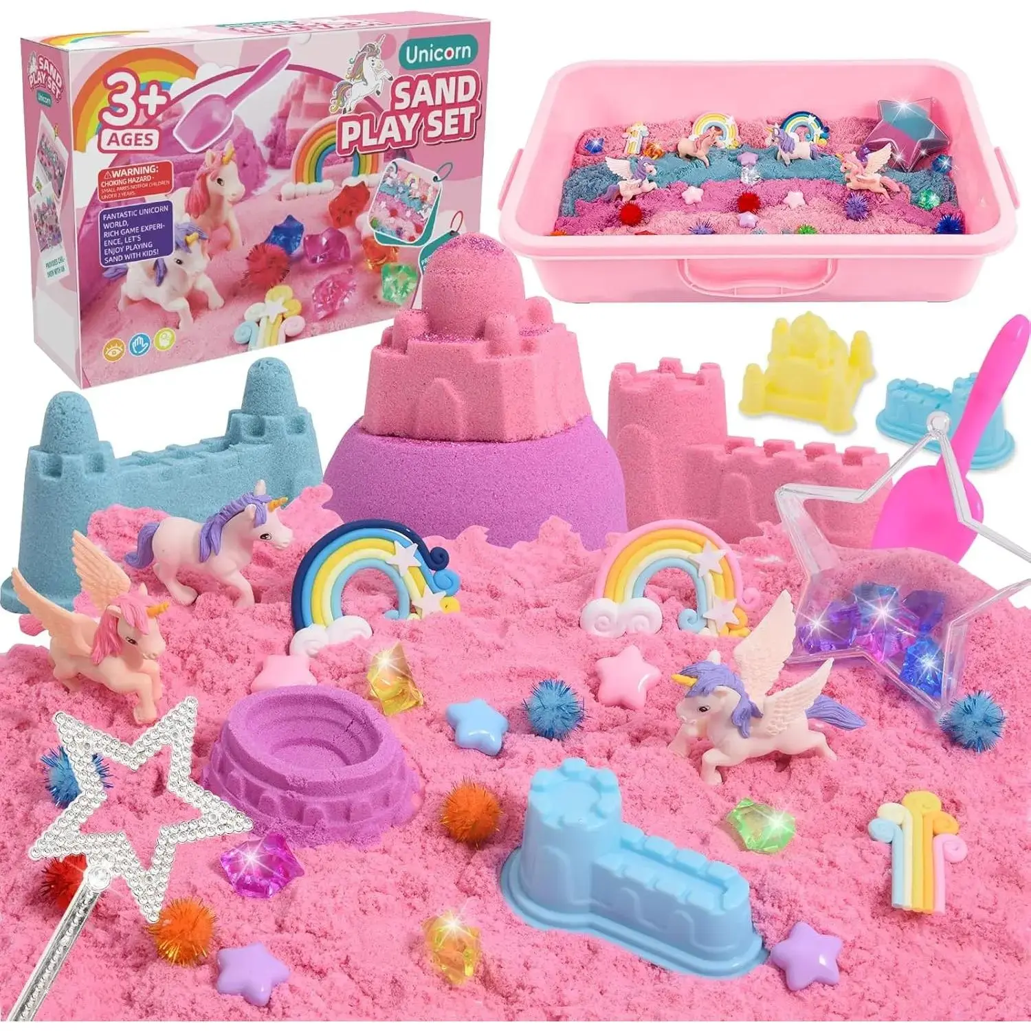 Unicorn Sensory Bin for Girl, 148pcs Play Sand Art Kit with Sandbox, 3.3lb Color Sand, Unicorn Tactile Sensory Toy for Toddler Girl Ages 3-8