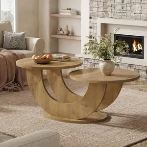 LITTLE TREE Round Living Room Coffee Table, 2-Tier Farmhouse Coffee Table with U-Shaped Frame, Low Accent Center Cocktail Table for Home, Apartment