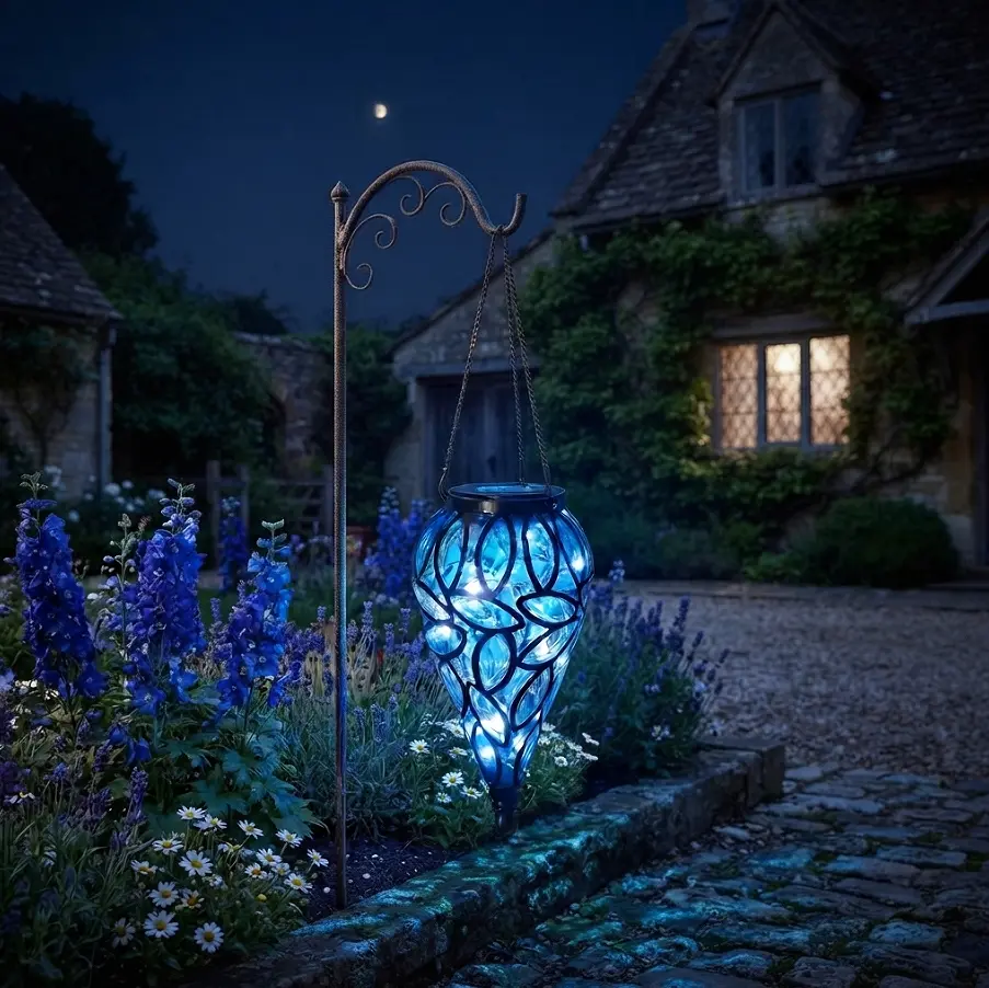 Solar Hanging Blue Teardrop Lantern – Waterproof Mosaic Glass Outdoor Light with Metal Hook, Stained Glass Effect Pathway & Garden Decor, LED Night Light for Porch, Patio, Yard, Yard Ornament & Beautiful Aesthetic Gift for Home