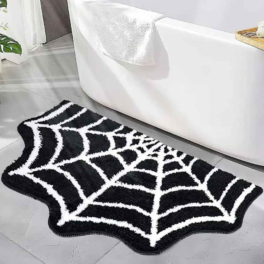 Soft Half Circle Bath Mat - Absorbent Water Absorbent Rug for Bathroom, Modern Semicircular Spider Web Design, Gothic Home Decor, Witchy Halloween Spooky Gift, Goth Room Accent
