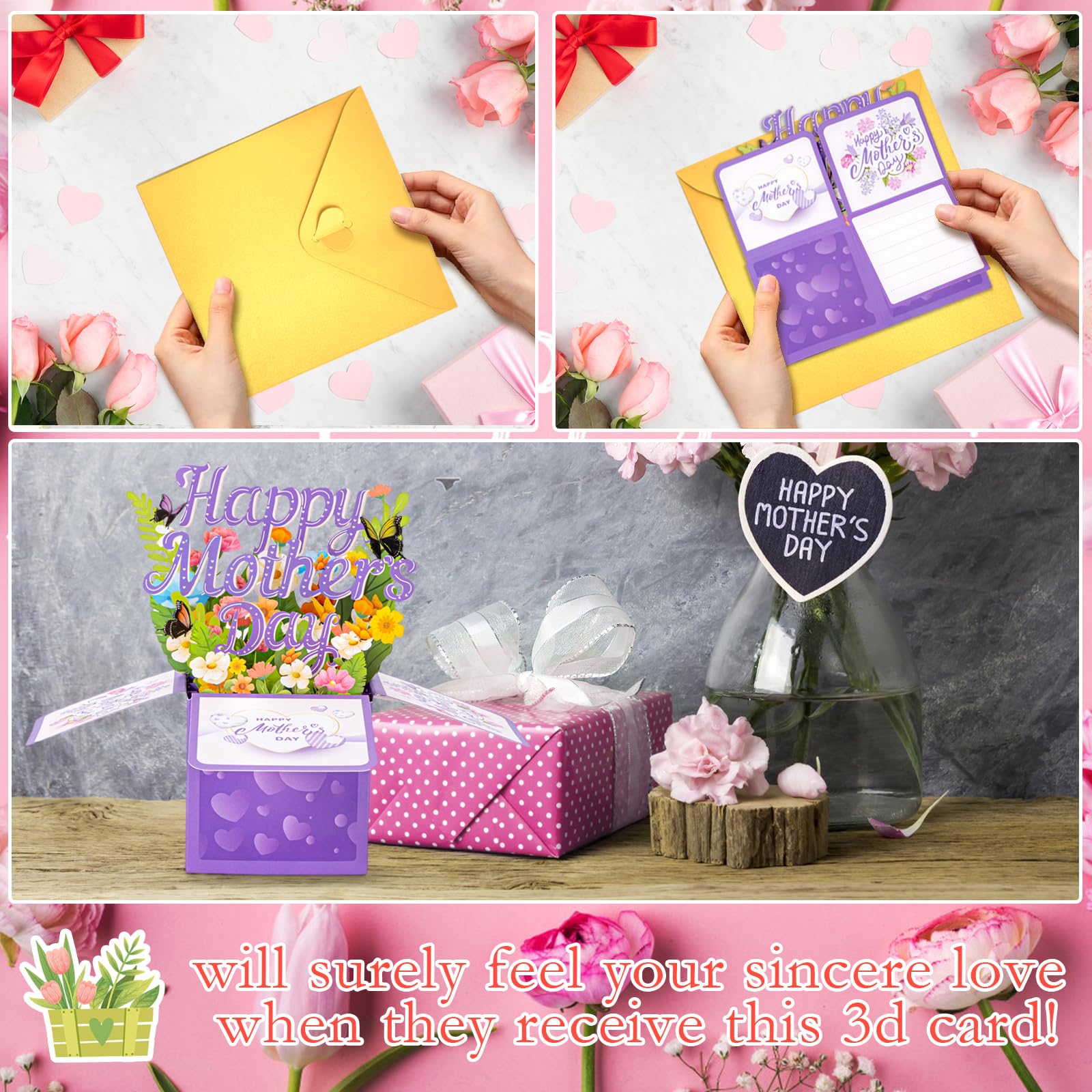 3D Mother's Day cards, paper cards filled with love for Mother's Day that can pop out, Mother's Day cards with envelopes and message papers, recyclable and environmentally friendly cards, exquisite gifts for mothers, wives, and grandmothers