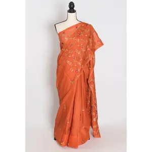 Anjani | Vibrant Orange Blended Kota Silk Saree | Soft, Flowy Machine Embroidery