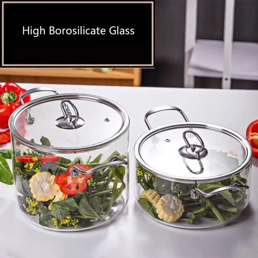 Stainless Steel Glass Pot with High Borosilicate Glass, Transparent Clarity Heat Resistant Double Handle Soup and Stew Pot, Kitchen Essential Cookware, Sturdy Kitchen Cookware, Durable Cookware, Cooking Pot
