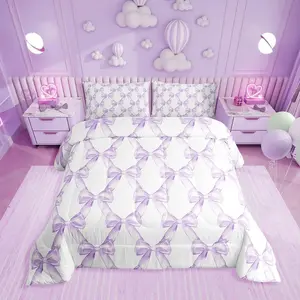 Bow Bedding Comforter Set,Dreamy Princess Style Bowknot Bedding Set,Purple Watercolor Bow Tie Comforter Set,Geometric Ribbon Bowknot Quilt Duvet