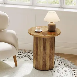 LITTLE TREE Round End Table, Farmhouse Pedestal Side Table, Fluted Wooden Nightstand Drink Stand for Living Room, Bedroom
