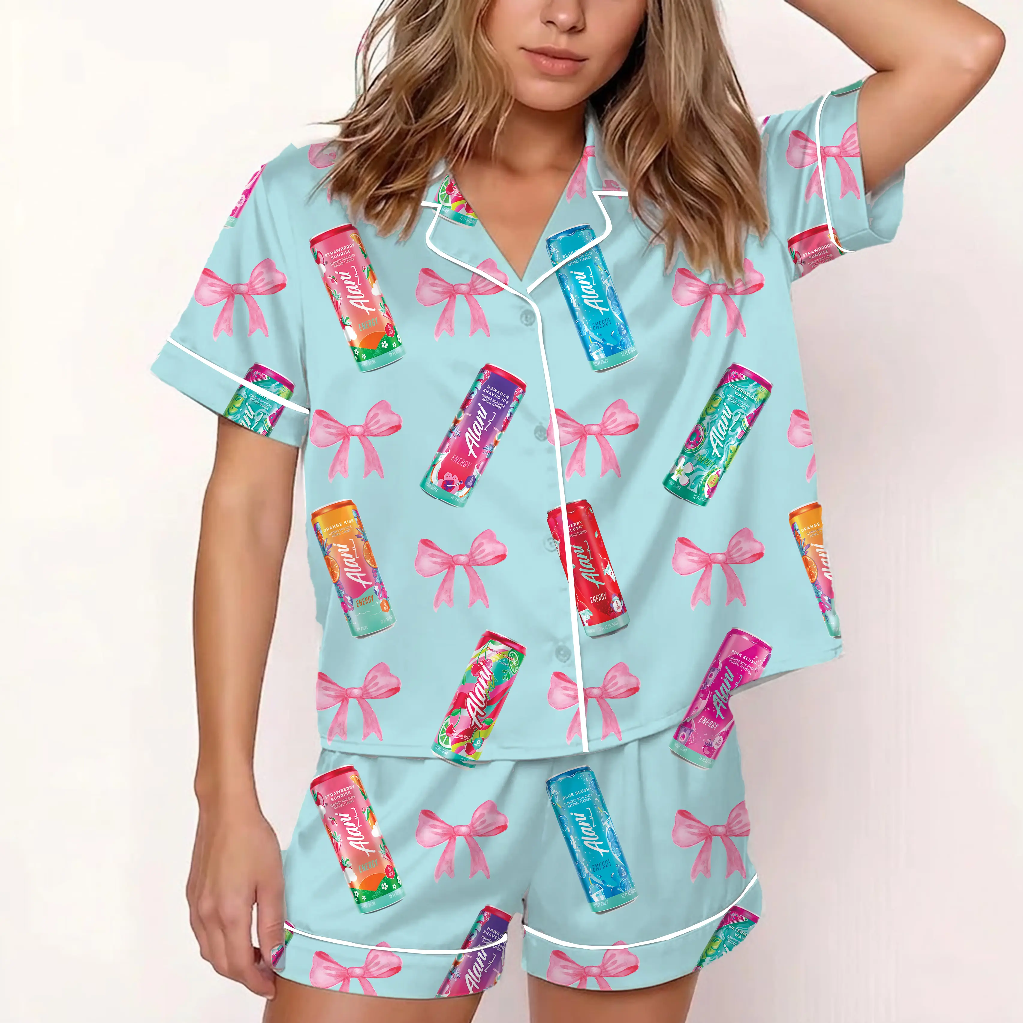 Alani Nu Lime Slush Satin Pajama Set, Cute Coquette Bow Pajamas, Energy Drink Aesthetic Sleepwear, Trendy Satin Loungewear, Gift for Her