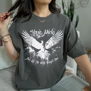Stevie Nicks White Winged Dove T-Shirt, Vintage Rock Band Tee, Retro Music Lover Gift, Boho Graphic V-Neck Top, 70s Style Shirt