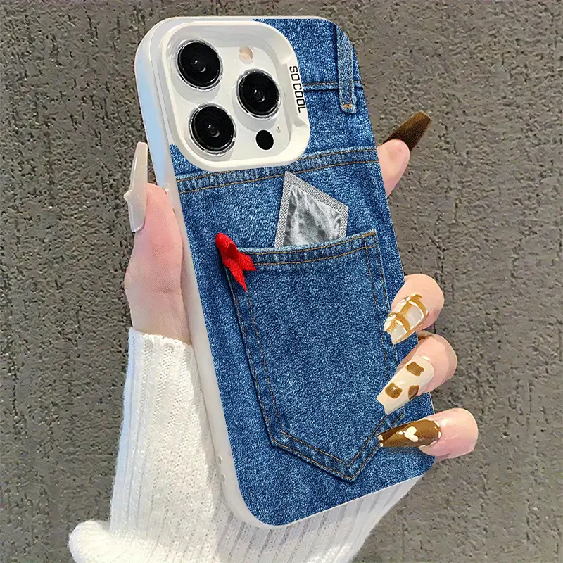 Blue Denim Pocket Phone Case, Y2K Casual Jeans Texture Wrist Strap Cover for iPhone 17 16 15 14 13 12 11 X Plus Pro Max, Streetwear Gift