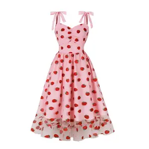 Pink 1950s Strawberry Mesh Swing Dress