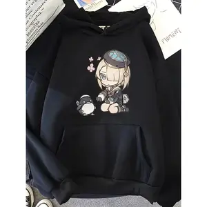 [Genshin Impact Hoodie] Black Genshin Impact Anime Graphic Hoodie |   Comfortable Fit, Chibi Characters, Geometric Print, Ribbed Cuffs, Machine Washable Casual Gaming Apparel, Fan Merchandise