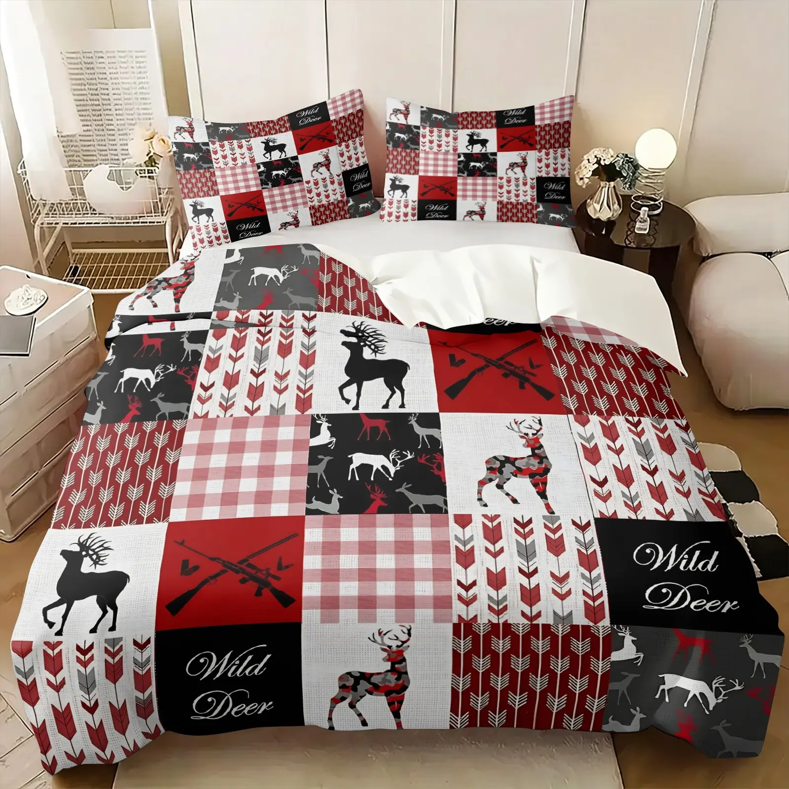 Vintage Buffalo Plaid Wild Deer Print Duvet Cover Set, One Comforter Cover and One or Two Pillowcases without Core, Red Black Checkered Quilt Cover, Suitable for Home Dorm Hotel, Soft Skin-friendly