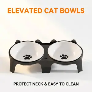 Ceramic Elevated Cat Bowls, Anti-Tip Double Food Water Bowls with Stand for Cats & Small Dogs, Black