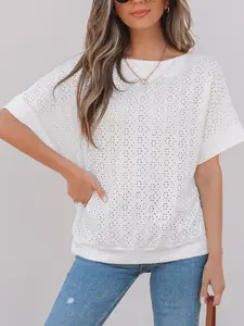 Women's White Eyelet Pattern Boat-Neck Casual T-Shirts, Everyday Short-Sleeve Knit Tops for Women, Relaxed Hollow Out Blouses, Chic Solid Summer Pullovers, Cute Boho Basic Tees Apparel