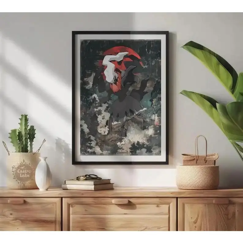 Dark Monster Red Moon Canvas Wall Art, Vintage Japanese Style Creature Print, Anime Fantasy Room Decor Unframed Canvas Poster, Frame Not Included