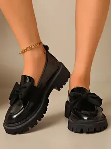 Platform Patent Leather Loafers with Large Bow, Matte Finish, Classic Style, Soft and Cute Design, Comfortable Wear, All Seasons