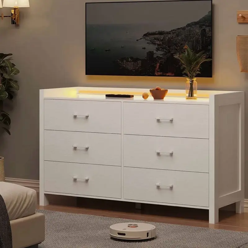 6 Drawer Double Dresser with LED Lights Chest of Drawers for Bedroom, Hallway