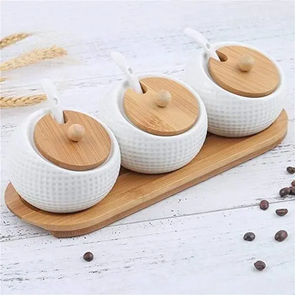 Set of 3 Porcelain Condiment Jar Spice Container with Lids - Bamboo Cap Holder Spot, Serving Spoon Set of 3 Porcelain Condiment Jar Spice Container with Lids - Bamboo Cap Holder Spot, Serving Spoon