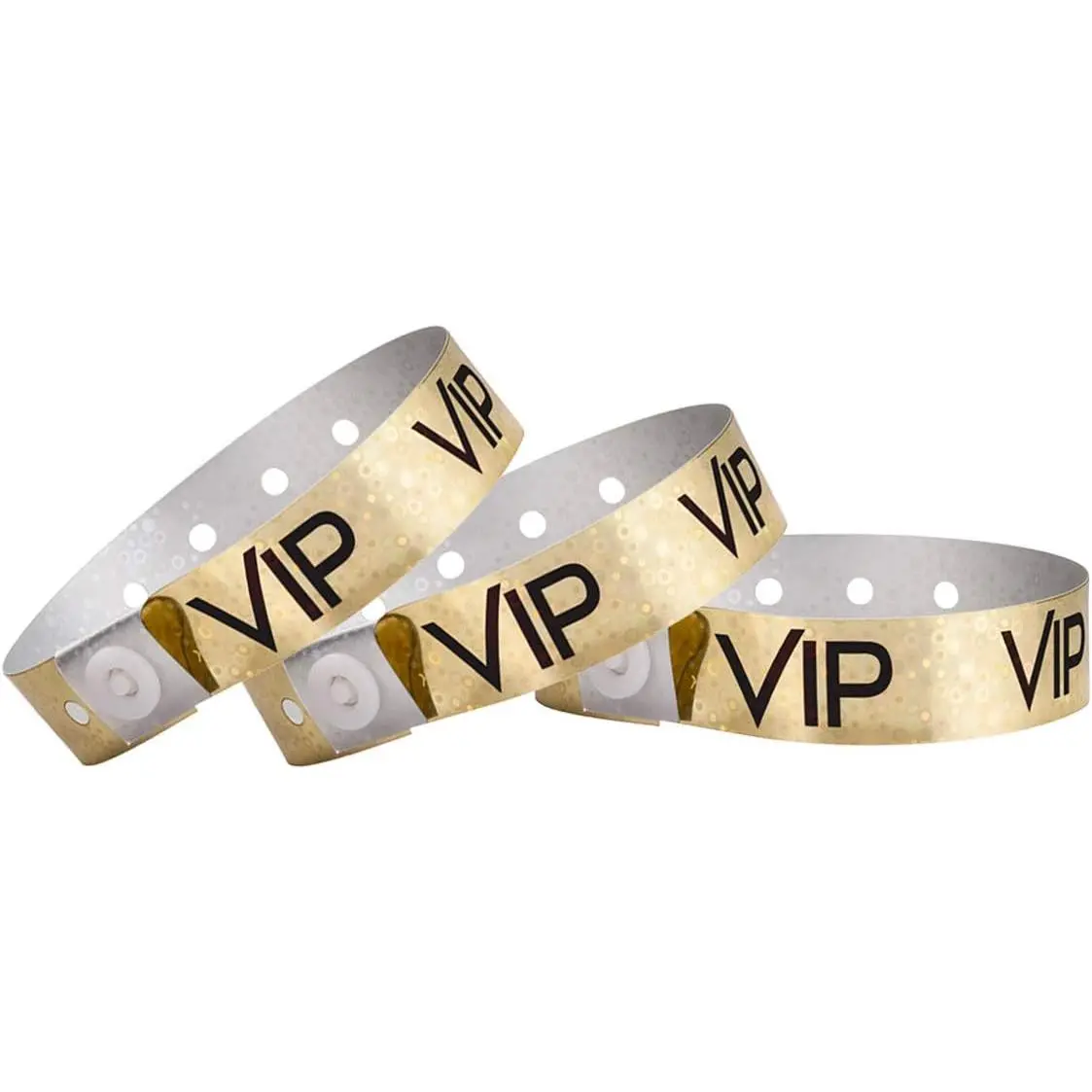 100 Premium Holographic Gold Unisex VIP Plastic Secure Snap Wristbands - 5/8"x10" - Waterproof, Durable, Tearproof - No Seasonal Restriction, All Seasons Use for Waterpark, Concert Security Admission (Home & Festive Party Supplies)