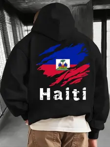 1PCS casual hoodie with kangaroo pocket, suitable for daily wear and outdoor sports, perfect for autumn and winter. It's a trendy fleece-lined hoodie with Haiti national flag prints on the front and back.