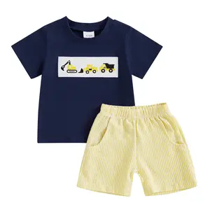 Toddler Baby Boy Farm Clothes Short Sleeve Tractor Embroidery T-shirt Tops Elastic Waist Plaid Shorts Two Piece Summer Outfits Set