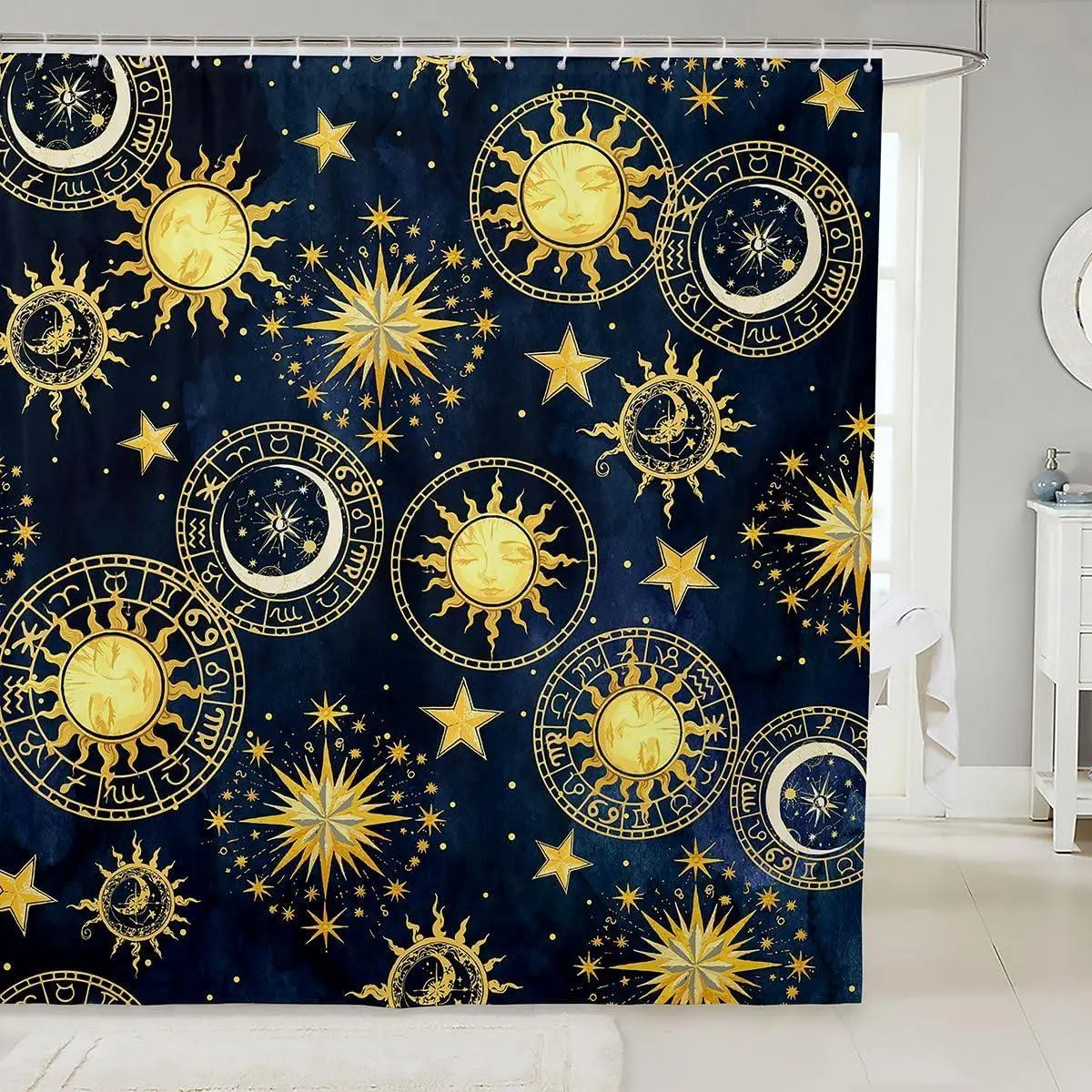 Feelyou Digital Print Boho Moon-Sun Constellation Shower Curtain, Exotic Stars Blue-Golden Sun Pattern Boho Curtains for Bathrooms, 72x72in Decorative Household Textile Bathroom Accessory