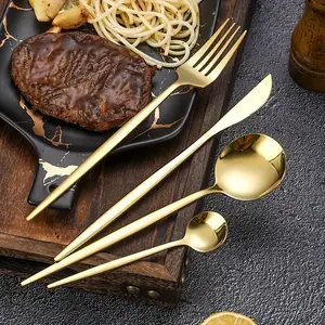 4pcs/set Golden Cutlery Set Creative Stainless Steel Portuguese Silverware Set - Family Restaurant-Ready Knife, Fork & Spoon, Dishwasher Safe Flatware Set Mirror Polished Western Cutlery for Wedding Party Dinning Household Hotel Kitchen