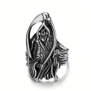 Gothic Hip-Hop Skull Ring with Scythe - Stainless Steel Men's Jewelry for Rock Parties, Perfect Gift for Friends & Family Rotating Openwork Ring Spinner Rings