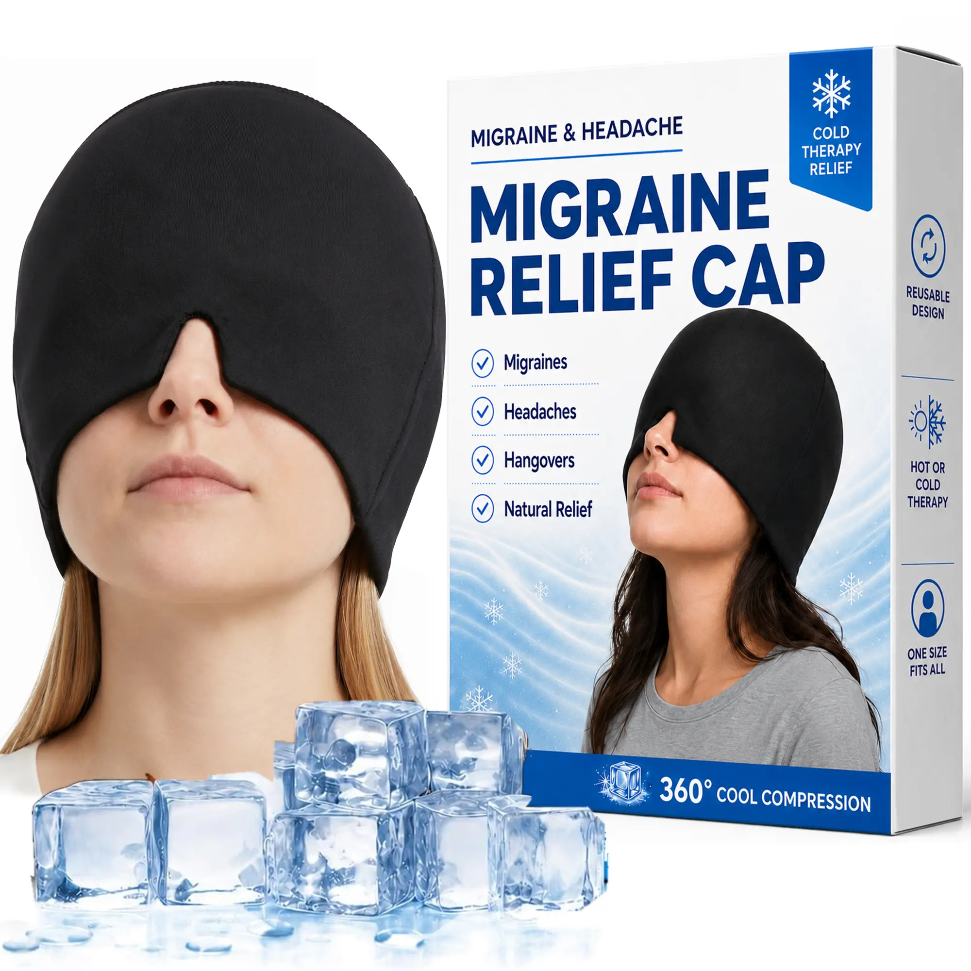 Migraine Relief Cap for Tension & Stress Relief, Reusable Gel Cooling Head Wrap for Sleep, Home & Office Use (Black, One Size) summerwins
